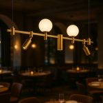 Modern Brass Linear Pendant Light – Dual Globe & Spotlight Design - Image 3