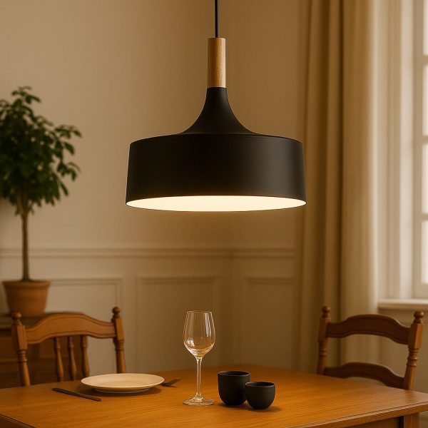 Black PrimeGlow Pendant Light With Wooden Attachment (⌀33cm, Height 28cm)